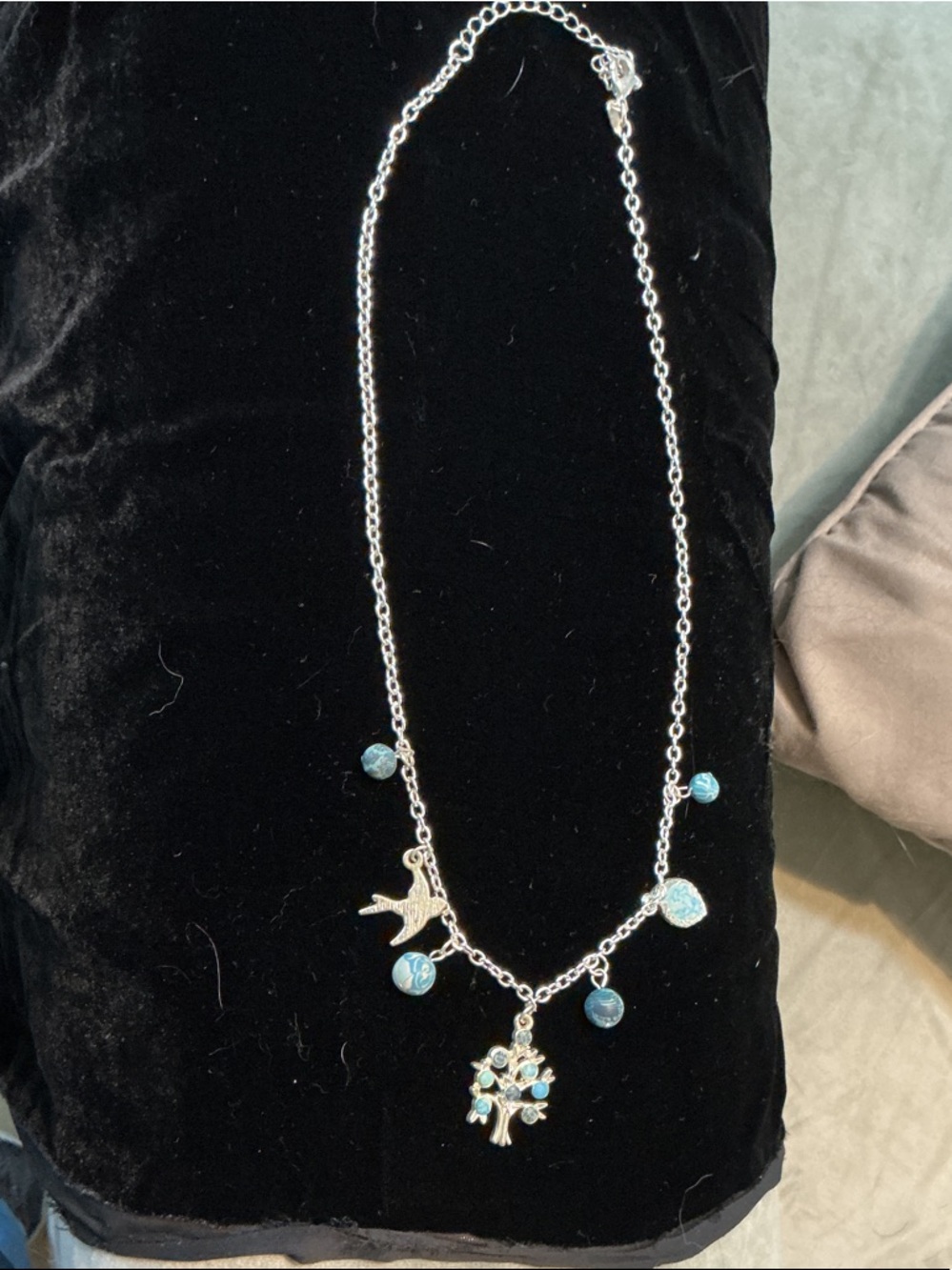 Silver-tone Blue Charm Necklace with Tree & Bird Accents